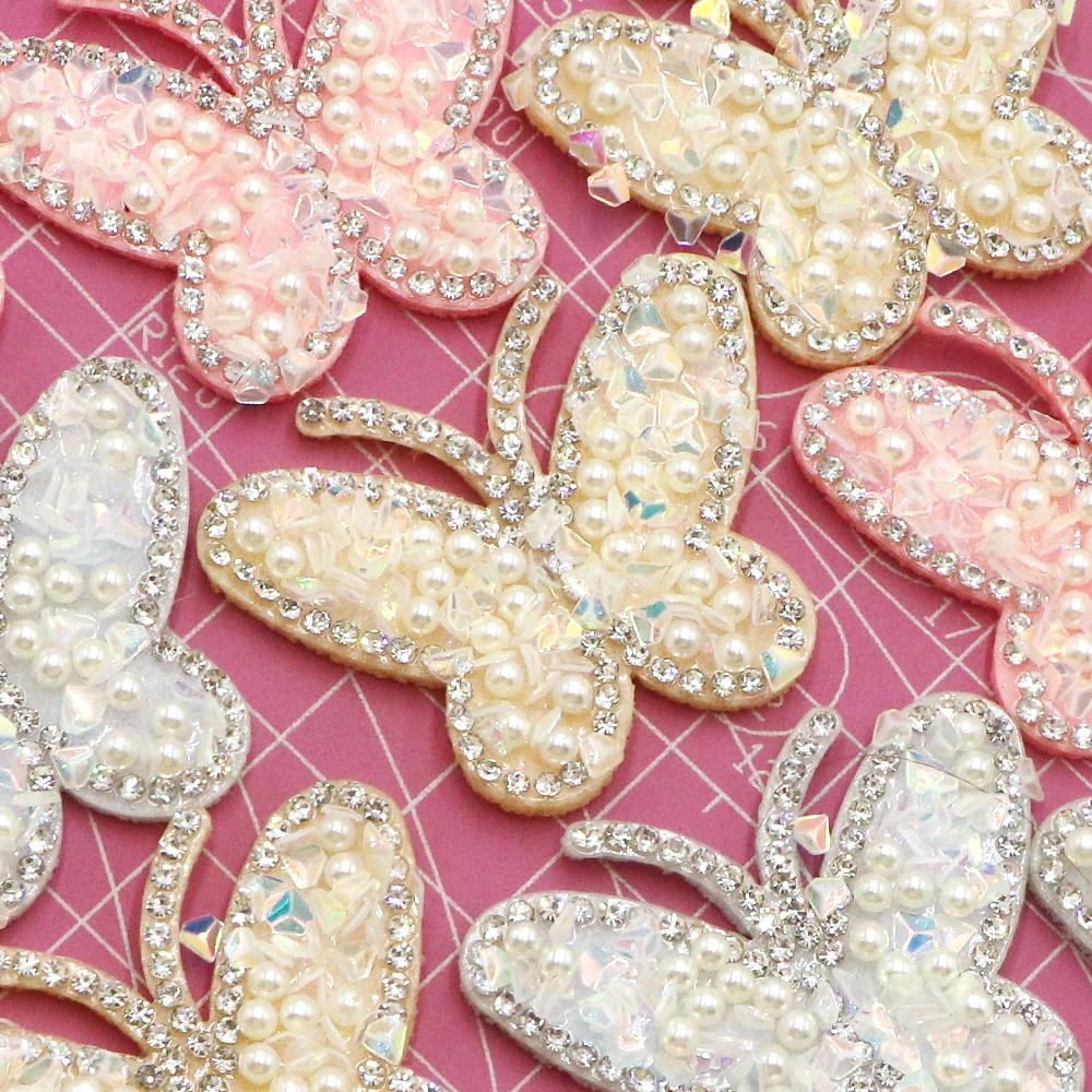 10 Teil/Beutel Schmetterling Perle Strass Aufnäher für Kleidung Schmetterling Weiße Perle Bling Strass Applikation Reparatur Patch – Detail 4