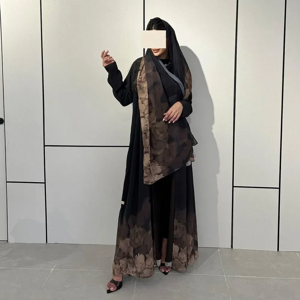 

Chiffon Open Abaya and Hijab Scarf Set Islamic Clothes Printed Abayas for Muslim Women Dubai Turkey Kimono Kaftan Femme Musulman