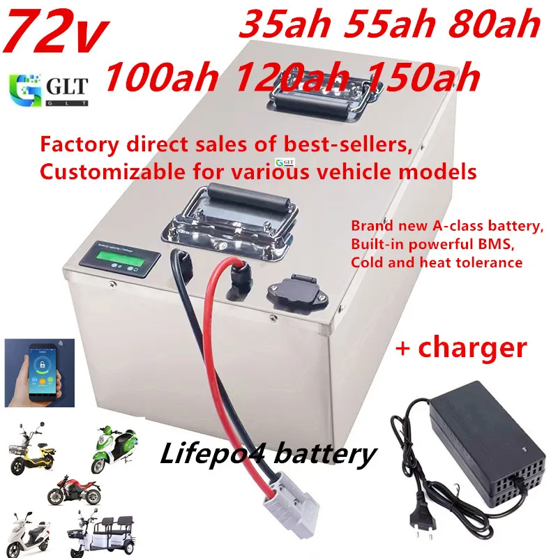72V 35AH 55AH 80AH 100AH 150Ah Lithium Ion Battery 100A BMS for 7000W-1000W Bike Tricycle Forklift Motocycle AGV +10A Charger.