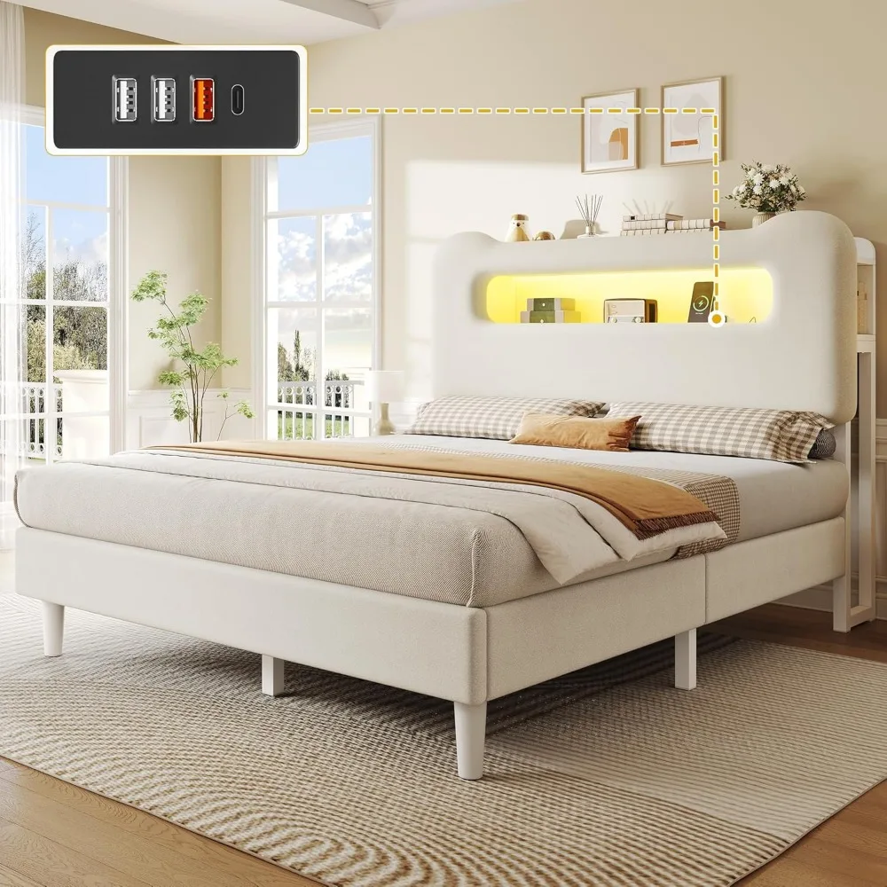 إطار سرير كامل الحجم، سرير منجد بوكل مع لوح رأسي للتخزين، سرير LED مع USB ومنفذ، لا حاجة إلى صندوق زنبركي، كريمي #3