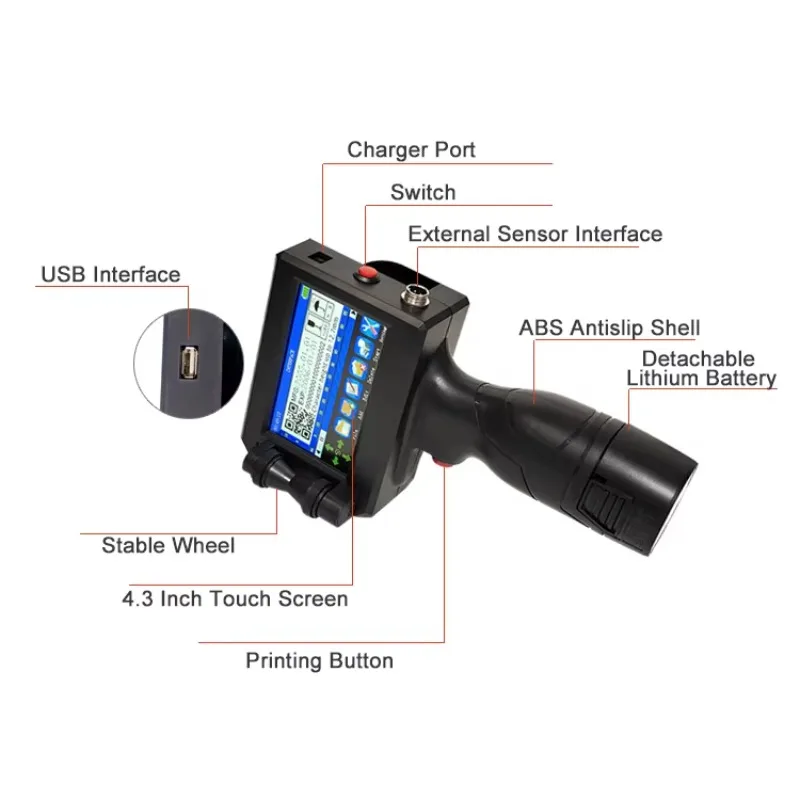 Прочный портативный принтер логотипа с сенсорным экраном 600 точек на дюйм, может печатать логотип с датой истечения срока годности, автоматический ручной струйный принтер со штрих-кодом