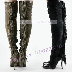 Grey Tassel Long Stretch Boots Women Sexy Round Toe Flock Leather Splicing Thin High Heels Fashion Fringes Thigh High Boots