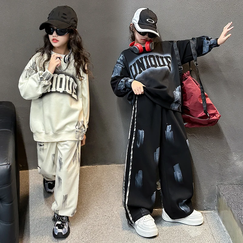 autumn teenage girls graffiti Sports suit Cotton sweatshirt+casual pants 2pcs junior kids suit children outfits ensemble fille