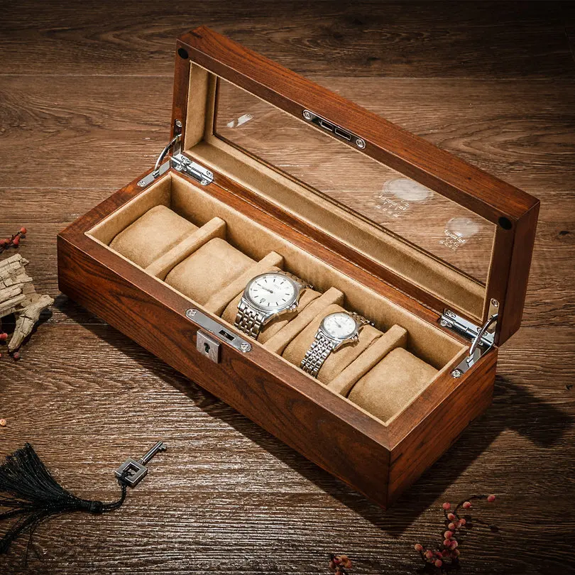 Elm pure solid wood sunroof watch box five-position mechanical watch display collection storage box with lock