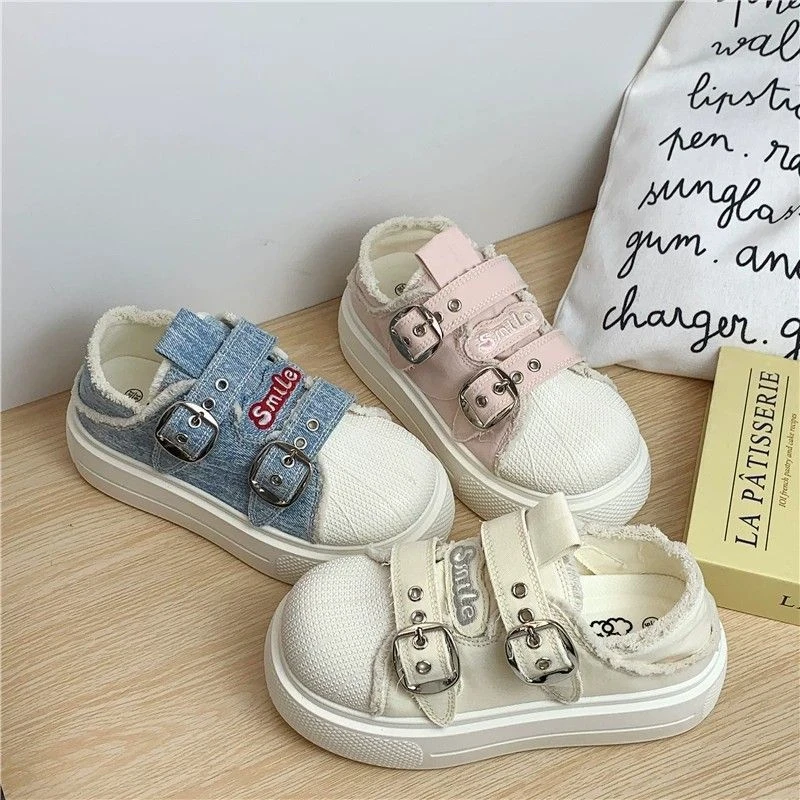 Washed Denim Platform Two-Way Sneakers Women Frayed Embroidery Buckle Strap Slip On Trainers Woman Casual Daily Student Shoes
