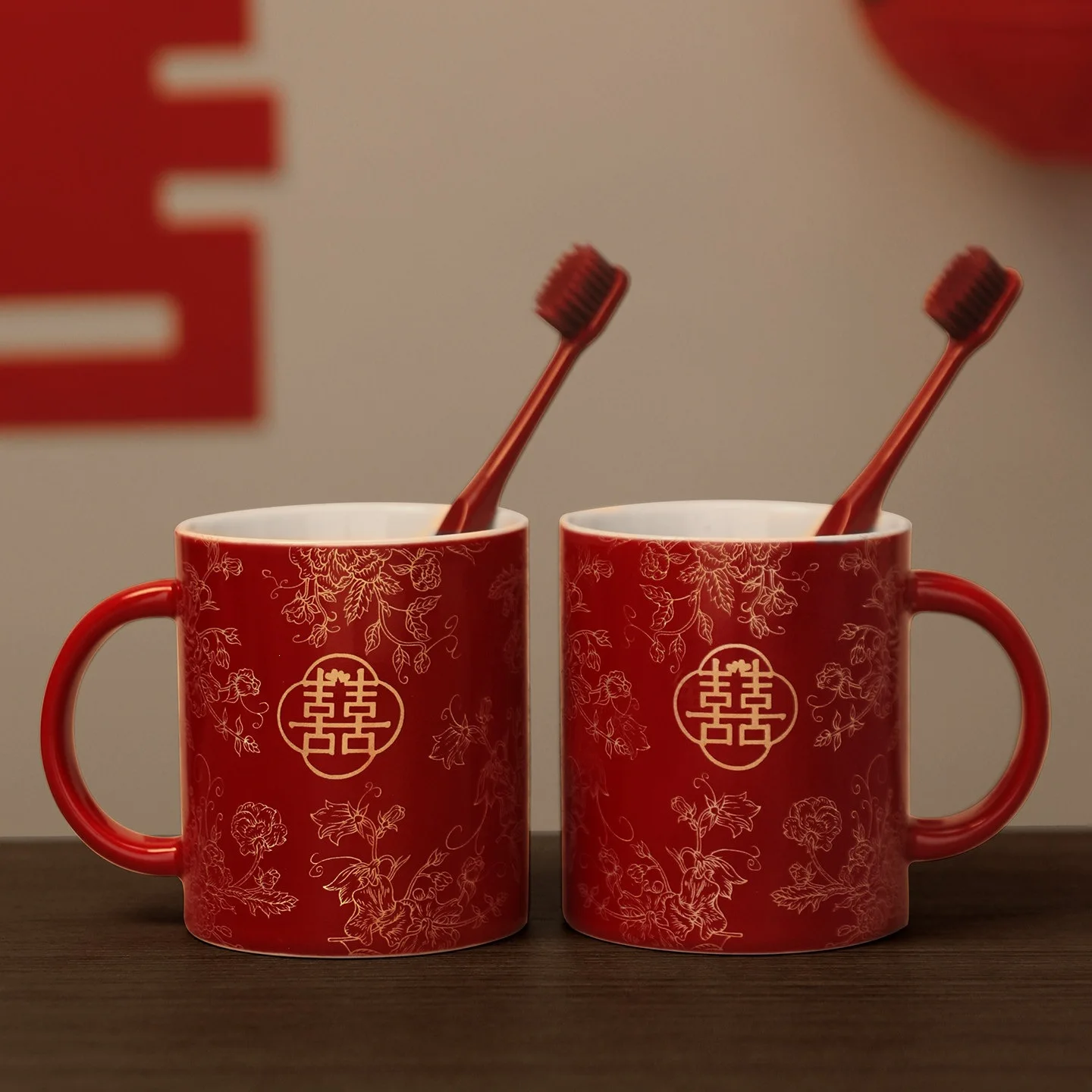 HYS wedding washing cup set, woman's dowry happy cup, wedding newlywed couple, a pair of red ceramic mouth cups and tooth cups