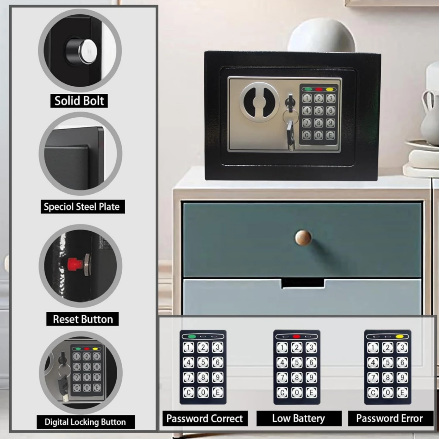 صندوق أمان من سبائك الصلب - خزانة أمان بقفل لوحة المفاتيح الرقمية الإلكترونية مع أقدام للمكتب/الفندق/المنزل، أسود #5