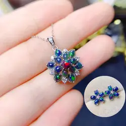 FS Natural 3*4mm Black Opal Flower Pendant Necklace Earrings Set S925 Pure Silver for Women Fine Weddings Charm Jewelry MeiBaPJ