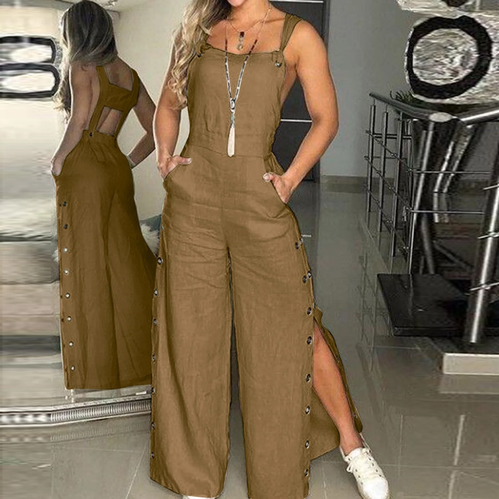 Women\'s Summer Sleeveless Twisted Knot Cotton Linen Strappy Jumpsuit Side Button Opening Loose Long Pants Women Playsuit Overall