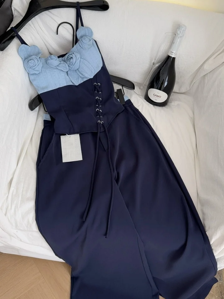 

Sweet Floral Tie-Dye Svel Crop Top with Loose Wide Leg Casual Pants Sexy Girl Set Comfortable Breathable Summer Outfit