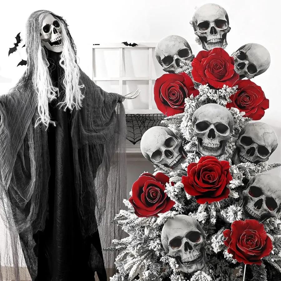 تايون الهالوين في الأماكن المغلقة: 14 قطعة جمجمة مخيفة كبيرة شجرة ورد حمراء داكنة يختار مخيف واقعي هيكل عظمي للهالوين زينة زهور لـ