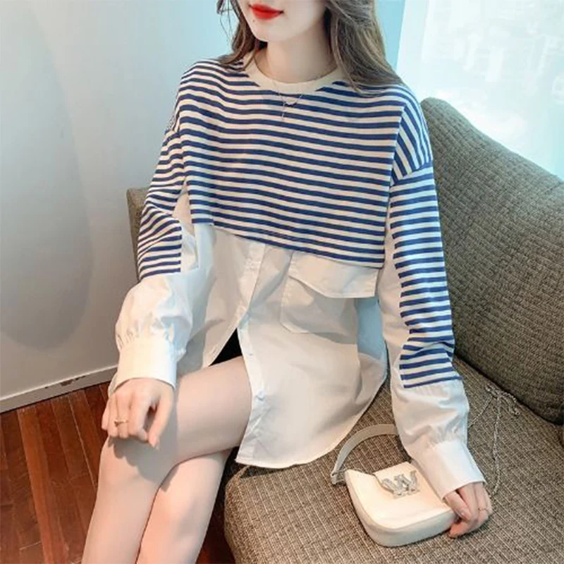 Spring Autumn Round Neck Vintage Striped Patchwork Skit T-shirt Female Loose Casual All-match Sweatshirt Top Women Pullover Tee