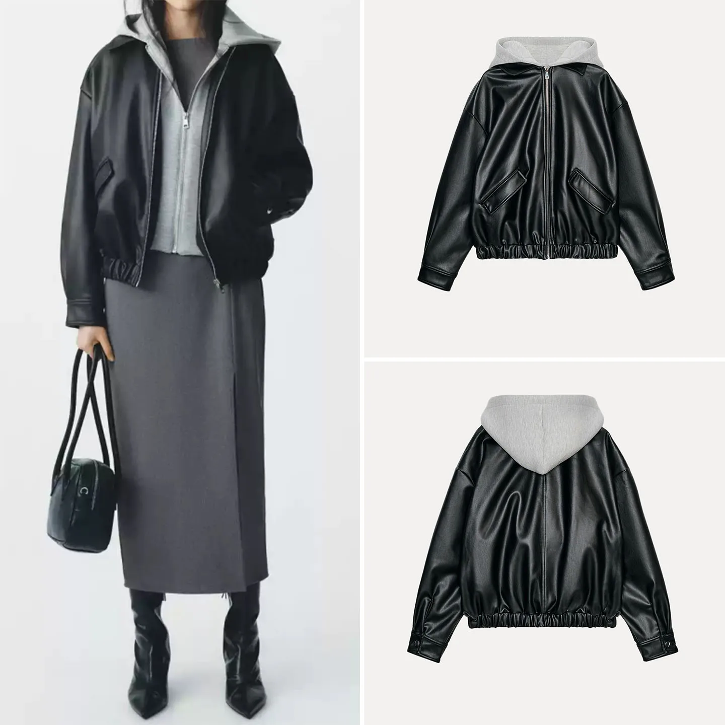 Z 2025 New Faion Patchwork Leather Effect Jaet Women's Coat Casual Commute Sle Long Sve Zipper Closure Coat