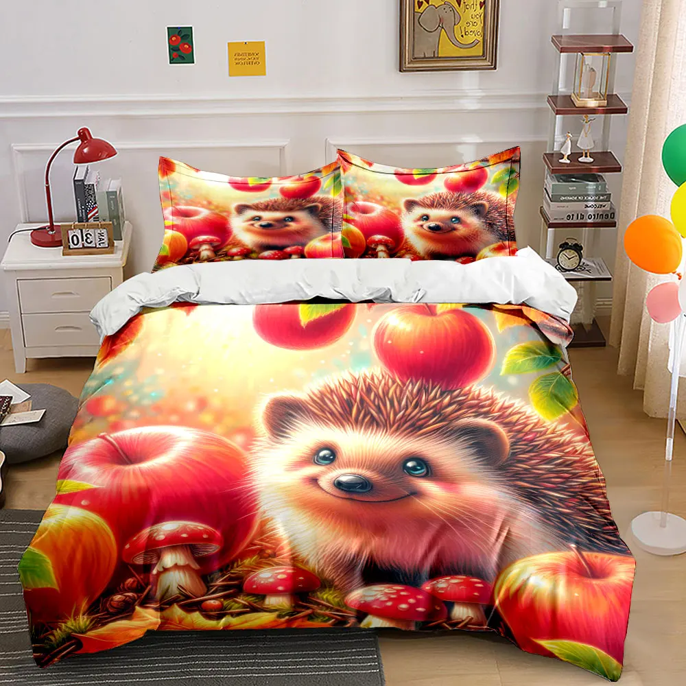 Hedgehog with Apples and Mushrooms in Autumn Printed Duvet Cover Set 1 Duvet Cover+2 Pillowcase Multi Size Bedroom Decoration