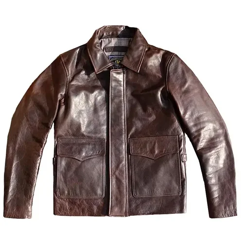 LNY!-abrigo de piel auténtica de caballo curtido marrón Vintage, chaqueta de jinete de calidad, tela de cuero informal clásica Retro, venta al por mayor