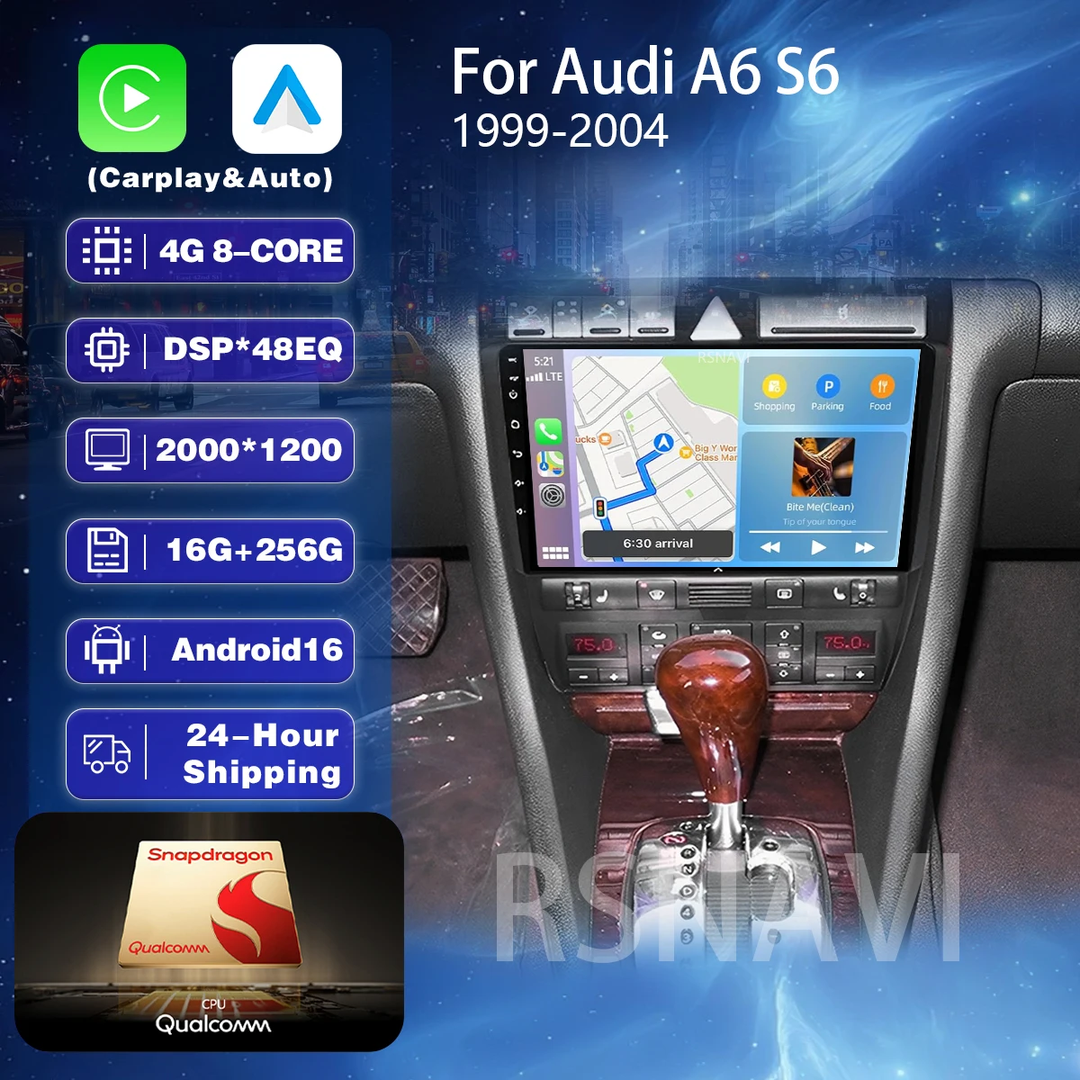 Plug and Play Android 16 Carplay Auto Car Radio Multimedia Player For Audi A6 S6 1999 2000 2001 2002 2003 2004 Stereo Navigation