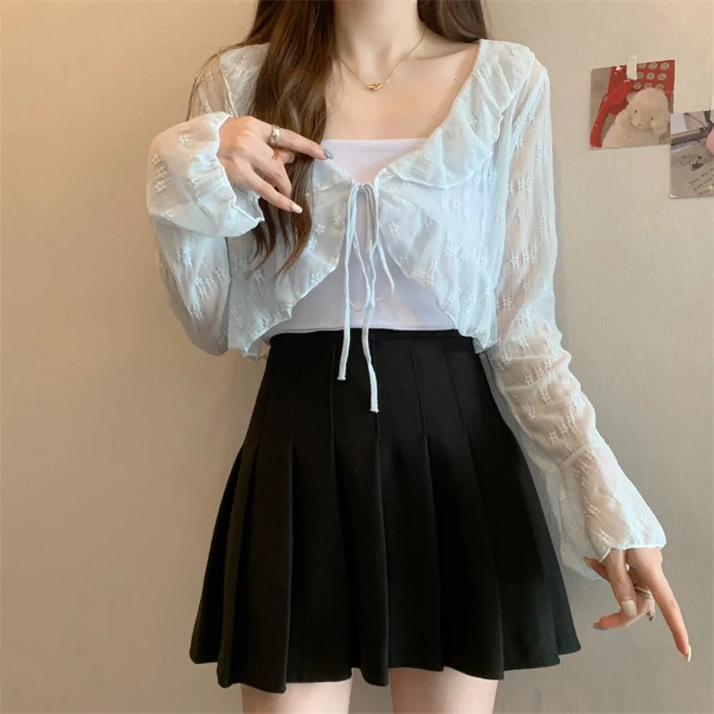 Cardigan con protezione solare sottile a fiori floreali Top con bordo arricciato Vedi attraverso maniche lunghe lavorate a maglia Protezione solare Top Protezione solare Cover Up