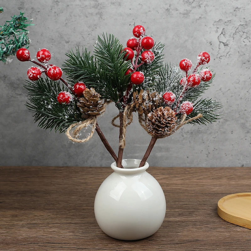 5PCS Artificial Red Berry Branches Christmas Picks Spray Artificial Pine Cones Holly Stem Craft Christmas Navidad Decorations