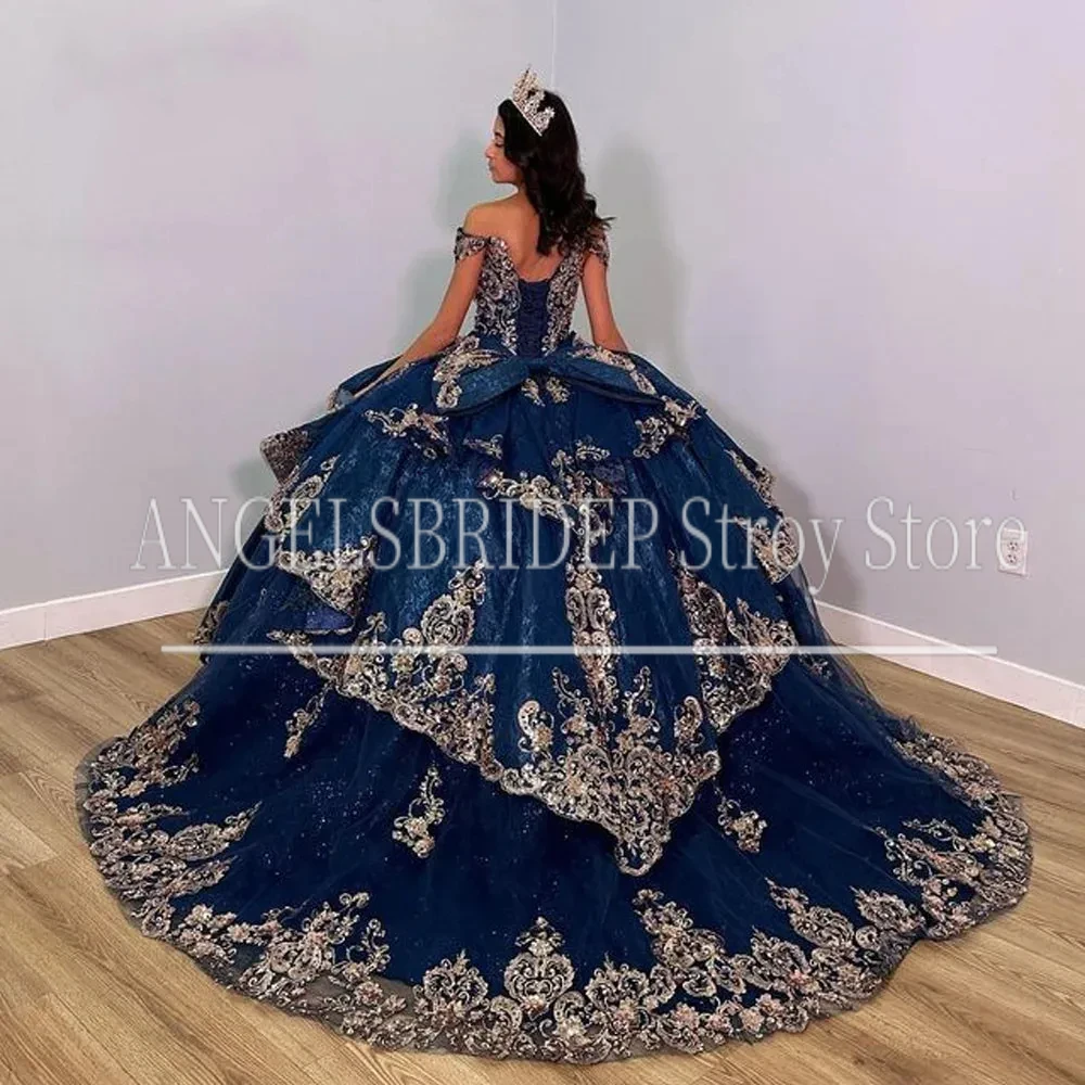 Angelsbridep Navy Blue Sweet 16 Quinceanera Dresses Gold Lace Applique Kopciuszek Graduation Gowns Princess Vestidos De 15 Años