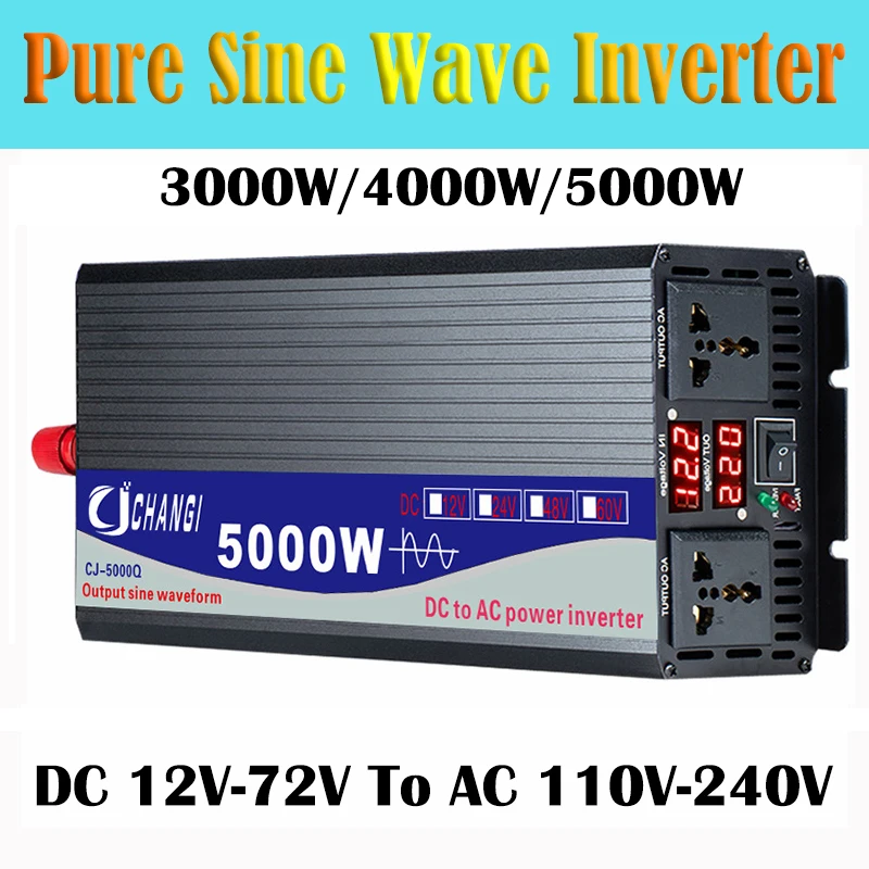 3000/4000/5000W Pure Sine Wave DC 12V 24V 48V 60V to AC 220V Power Convert Double Socket Converter Solar Car Inverter