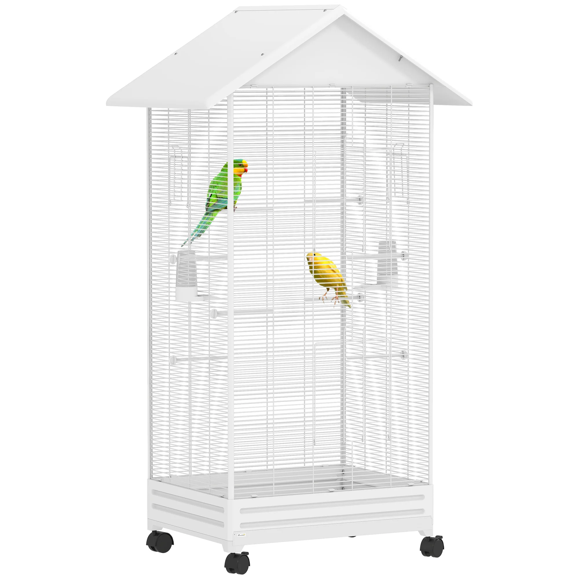 PawHut Cage oiseau sur pied volière oiseaux intérieure sur roulettes 2 mangeoires 8 perchoirs 79 x 65 x 155 cm fil d'acier blanc