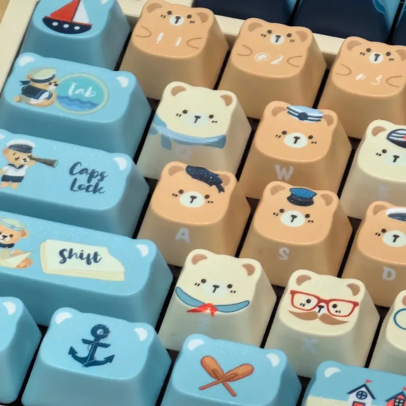 Nautical Bear Keycap 130Key PBT PDA Profile Key Cap Personalized Keycaps for Mechanical Keyboard Office Gamer Gift Cutsom KeyCap