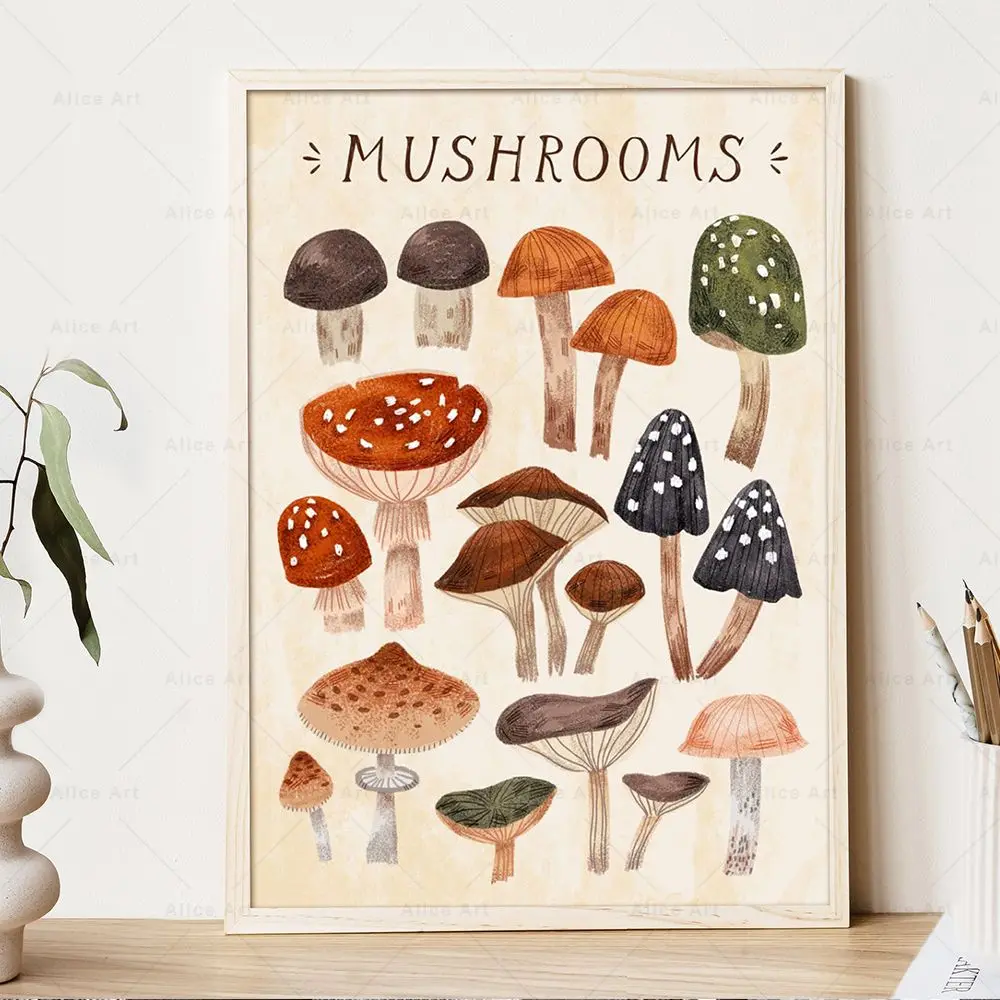 Vintage Mushroom Girl Poster Botanical Art Education Wall Art Canvas Painting Cartoon Fungi Picture Prints Kids Room Home Decor