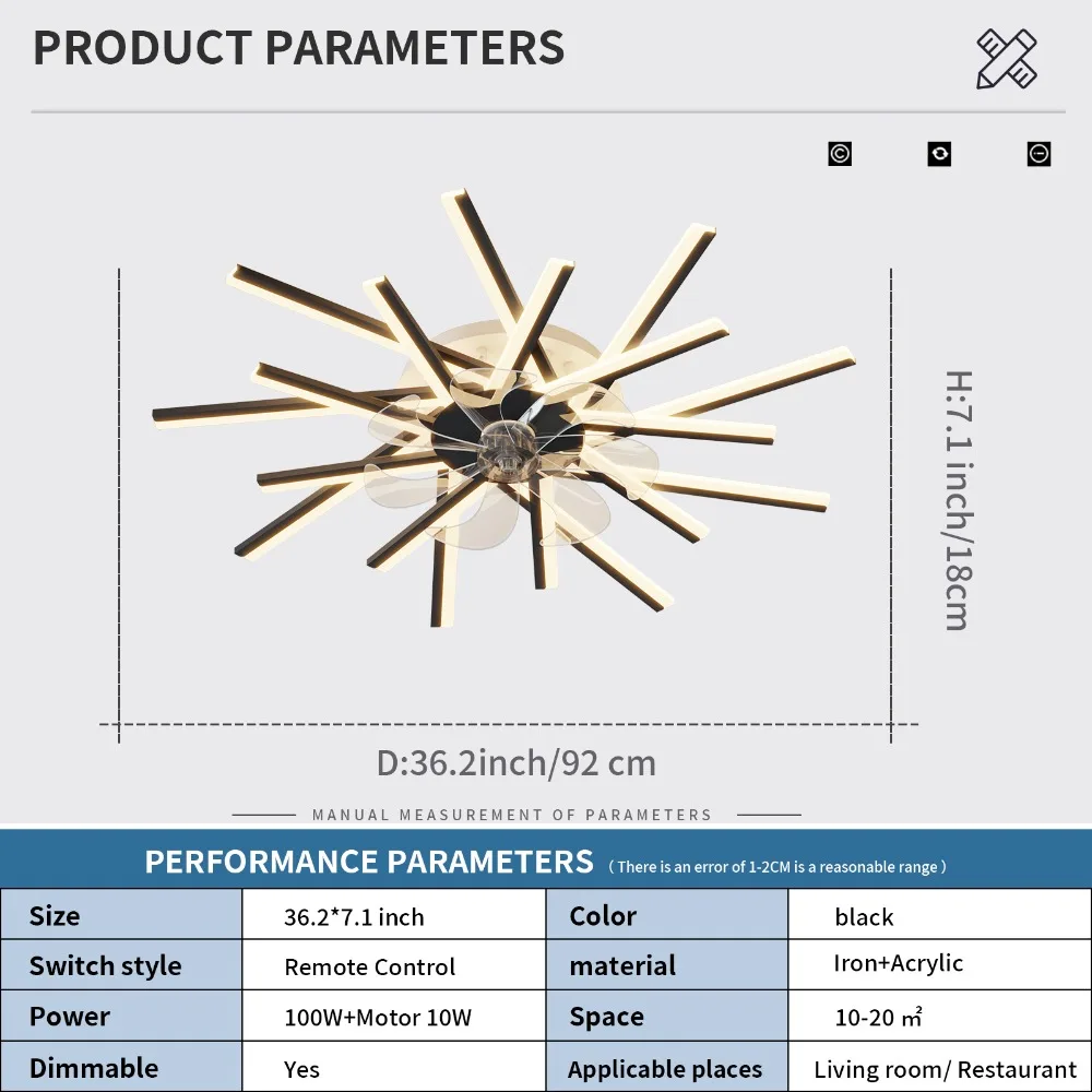 Ceiling Fan with Lights, 36Inches Remote Control Dimmable LED, 6 Gear Wind Speed Fan Light, Ceiling Fan