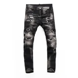 Fashionable new black gray men's jeans, high street trendy hip-hop brand, high-quality stretch slim fit jeans, washed with water