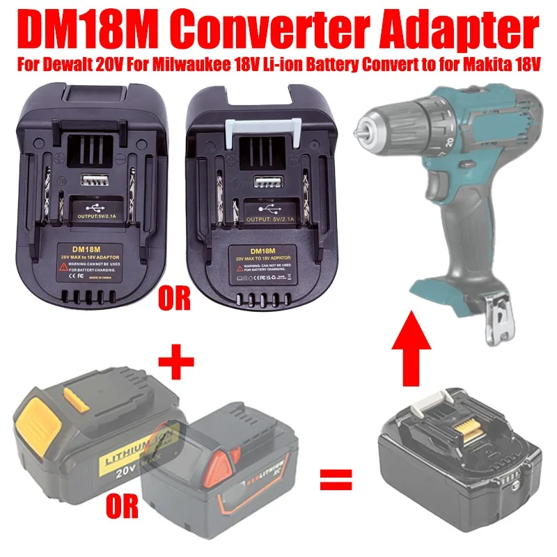 

DM18M Battery Adapter with USB Charging Socket for Dewalt 20V & Milwaukee 18V Lithium Battery Convert To for Makita 18V Battery