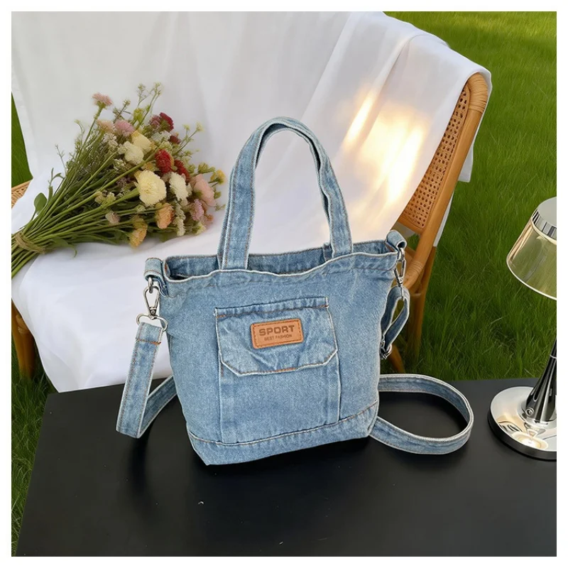 Women Washed Denim Tote Bag Casual Small Handbag Multi‑Pocket Shoulder Crossbody Daily Shopping Purse