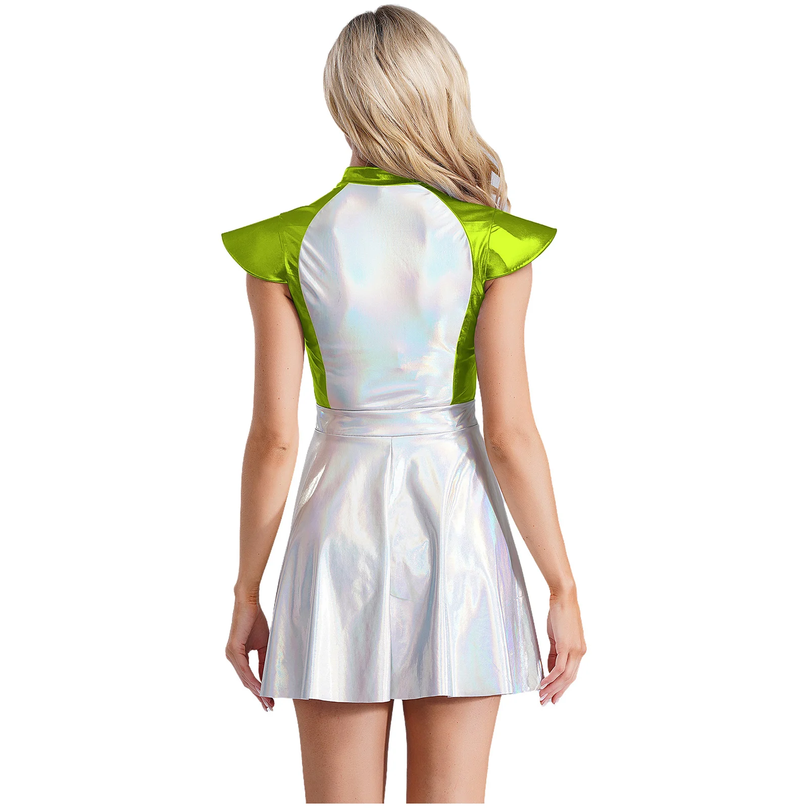 Women Alien Cosplay A-line Dress Outer Halloween Space Cutie Costume Cap Sleeve Dress Glittering Dress Up Party Costume