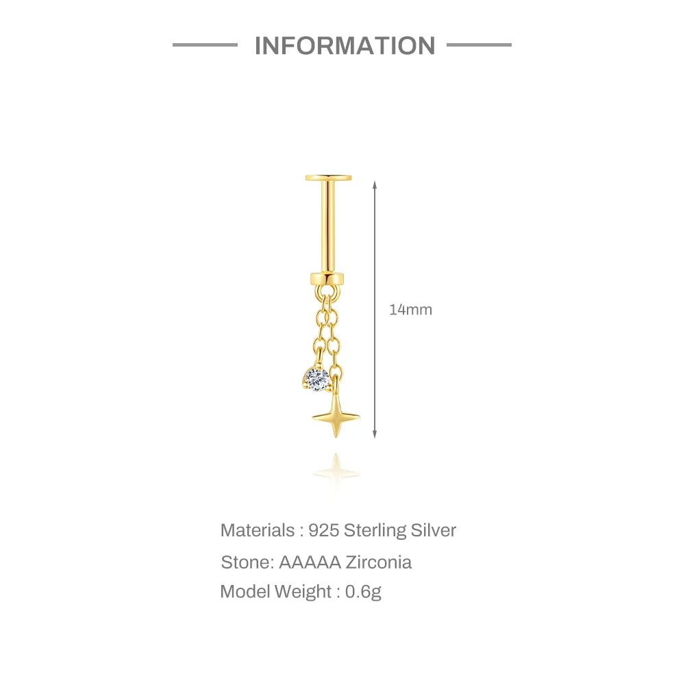 AIDE 925 Sterling Silber Kite Stone Zirkon Flachkopf-Innengewinde-Piercing für Damen, Sternkette, Quasten-Accessoires, Schmuck
