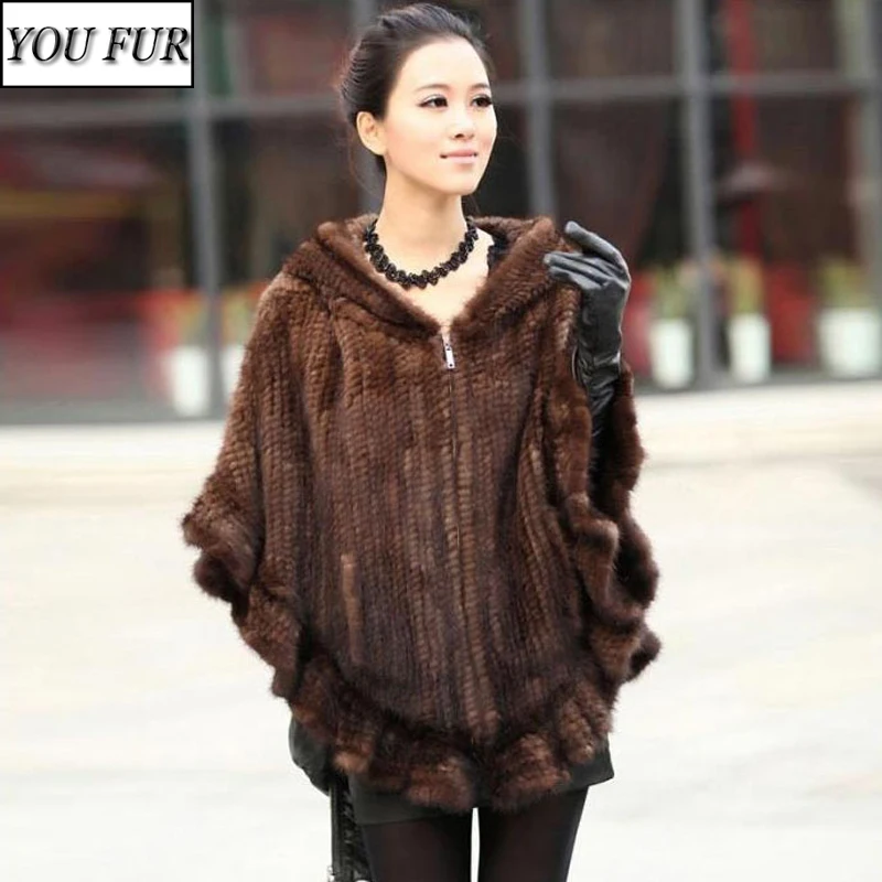 

New Women Natural Warm Mink Fur Hooded Pashmina coat 100% Genuine Mink Fur Shawl Lady Luxury Hand Knitted Real Mink Fur Poncho