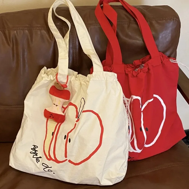 

1 Pc Retro Japanese Apple Student Girl String Canvas Bag Portable Large Capacity Fashion Simplicity Vintage Commuter Tote Bag