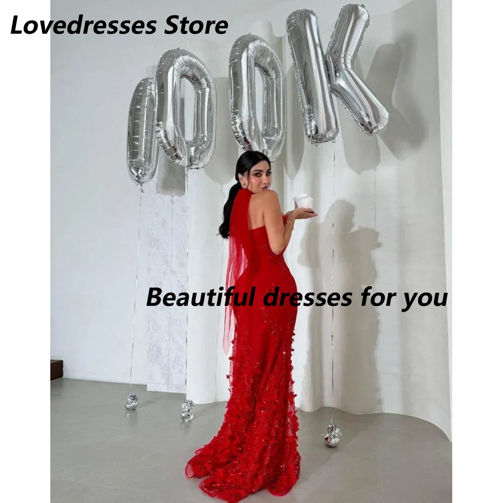 Vestido de noite vermelho personalizado halter pescoço appliqued sereia jérsei árabe saudita vestido de baile vestido de festa de aniversário 2025