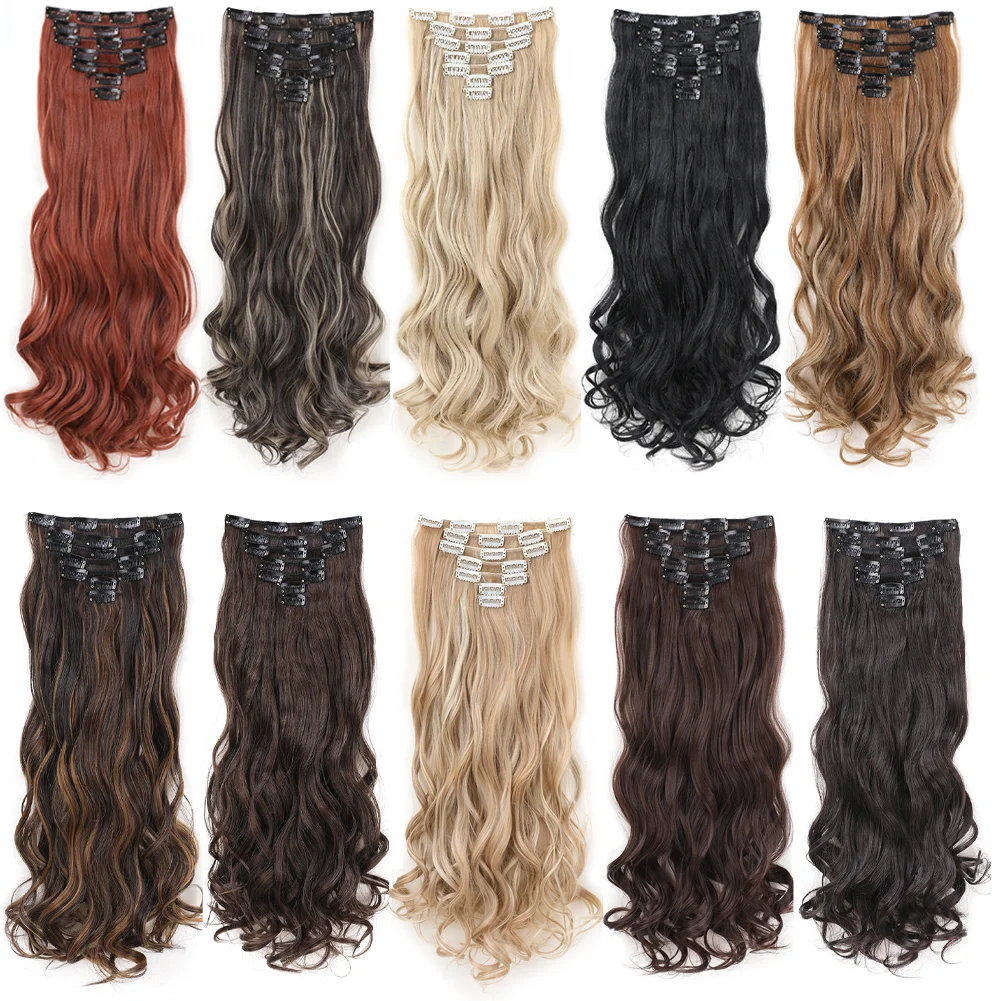 22Inch Long Body Wave Clip in Hair Extension Hairstyle 16 Clips 7Pcs/Set Synthetic Black Brown Hairpieces For Women