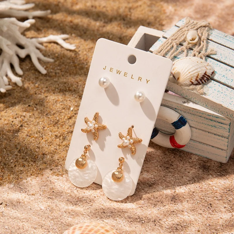 

3pcs Gold Color Starfish Shell Pendant Earrings for Women Fashion Niche Design Seaside Vacation Earrings Jewelry Accessories