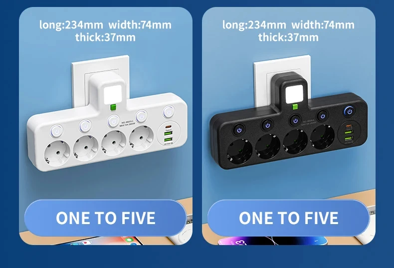 EU-Steckdose, 4 Steckdosen, Multitap-Wandsteckdosenleiste, Steckdose, 2 USBs, 1 Typ-C-Anschlüsse, kein Verlängerungskabel mit 2500 W MAX-Stromversorgung – Detail 9