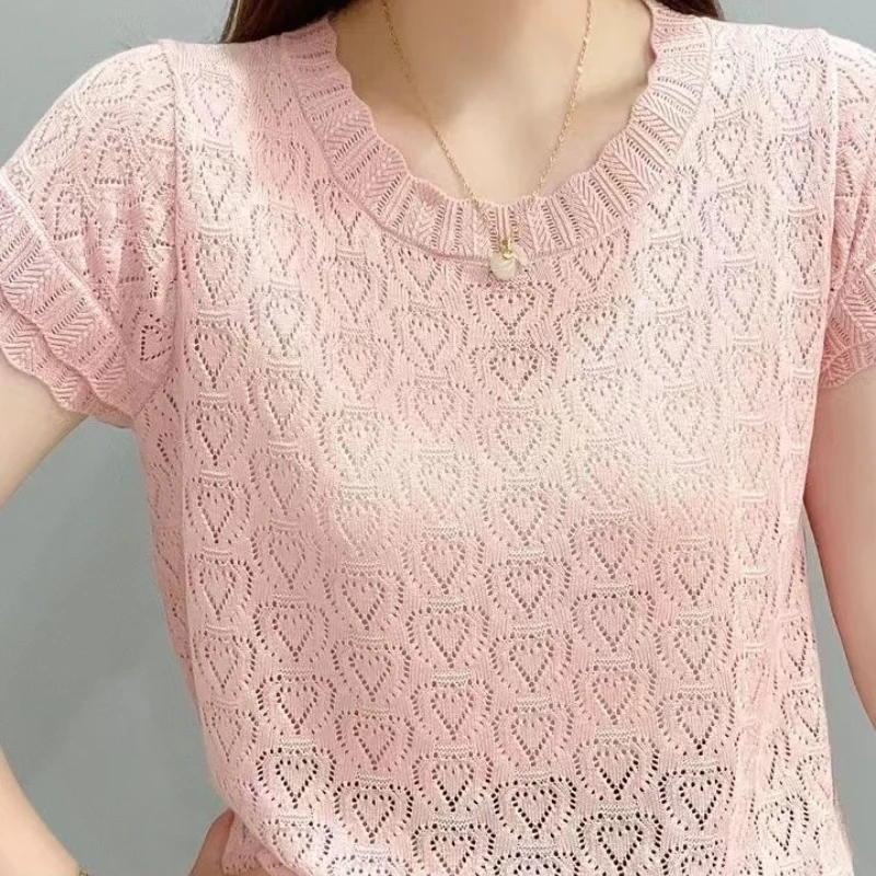 

New Summer Fashion Round Neck Hollow Lace Double-layer Sleeve Solid Color Knitted Slim Short-sleeved Top