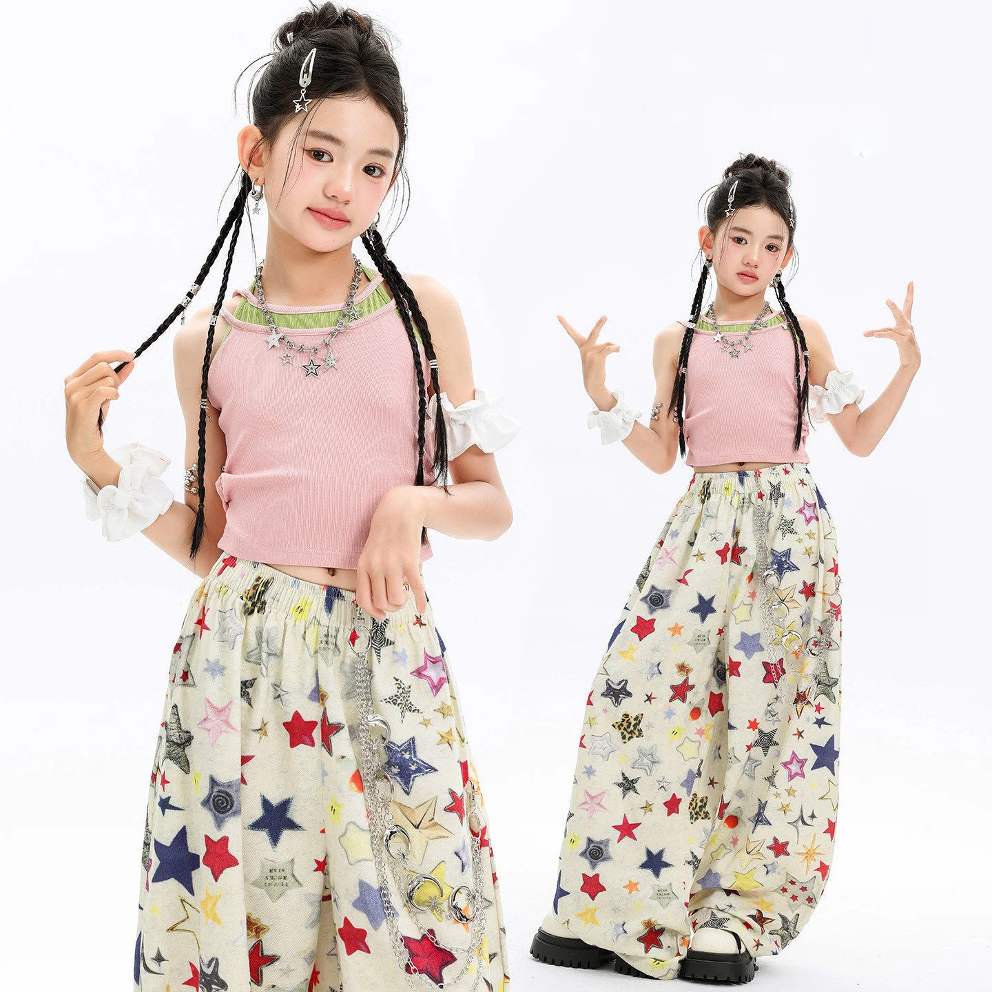 

Kid Kpop Hip Hop Clothing Pink Double Straps Crop Camisole Top Stars Print Wide Leg Pants for Girls Street Dance Costume Clothes