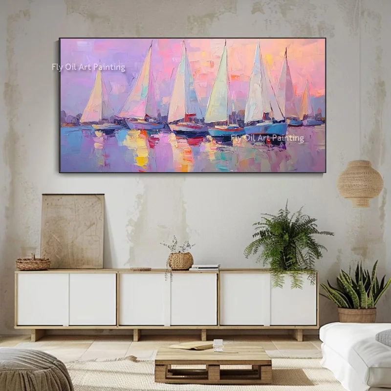 New Artwork Blue And Purple Seascape Oil Painting Hand Drawn Modern Boats On The Sea View Canvas Wall Art Decor For Living Room
