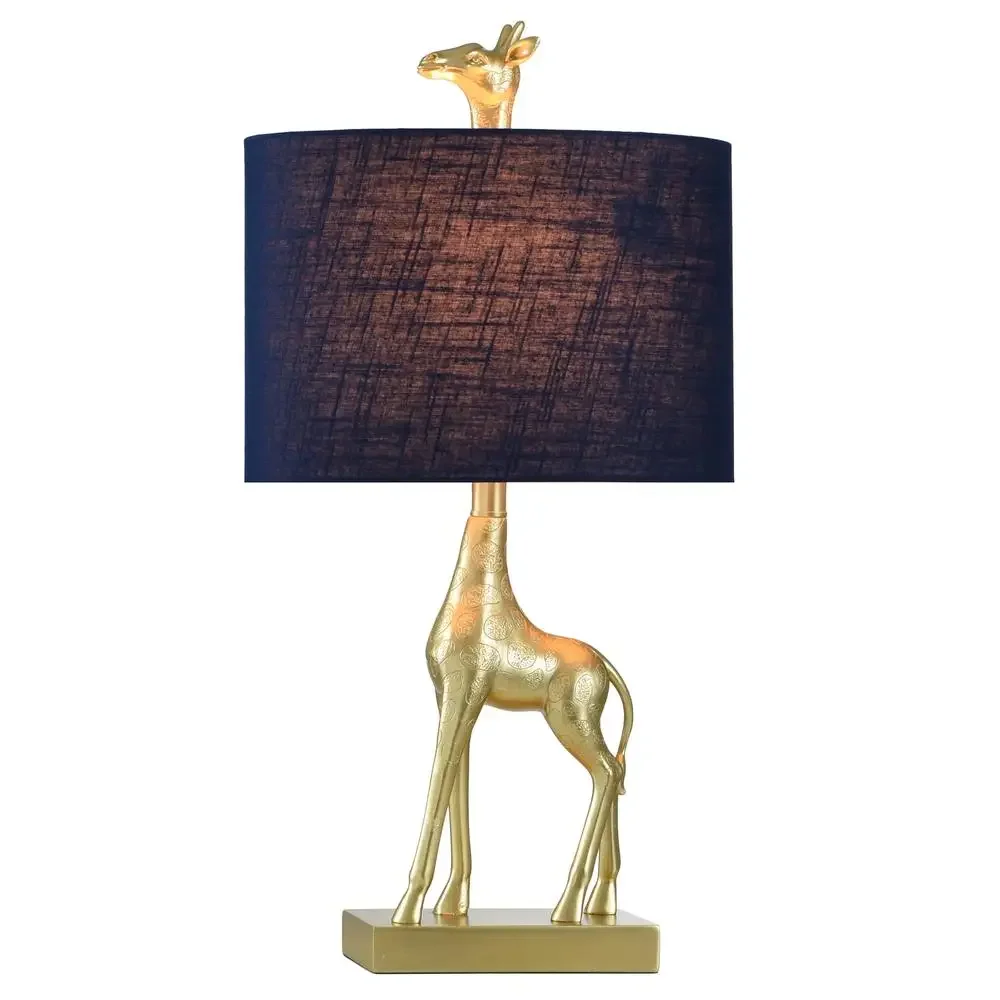 Golden Giraffe Table Lamp Resin Gold Finish Navy Blue Oval Shade Majestic Home Decor Unique Handpainted Fixture UL Rated 120V