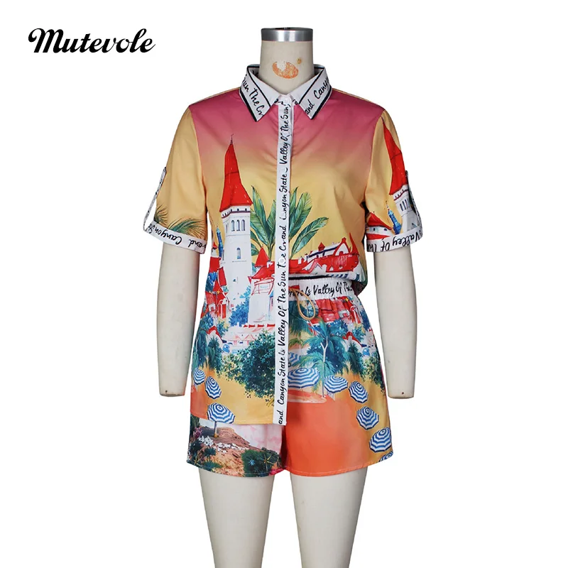 Mutevole الصيف عطلة الشاطئ ملابس النساء قطعتين مجموعات زر القمصان الرباط السراويل