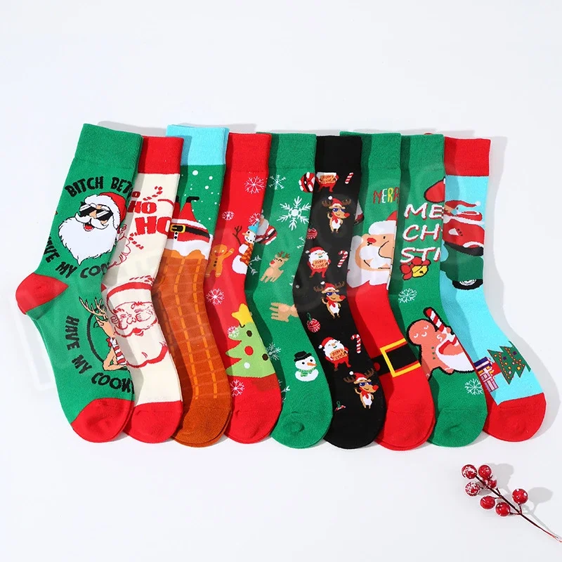 1 Pair Motorcycle Riding Socks Cartoon Santa Claus Men's Socks Comfortable Trendy Animal Socks Breathable Stars Christmas Gift