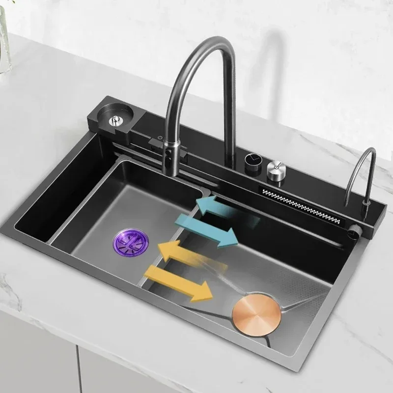 Kitchen Sinks Stainless Steel Multifunction Sink Modern Waterfall Single Bowl Digital Display Kitchen Sink Set