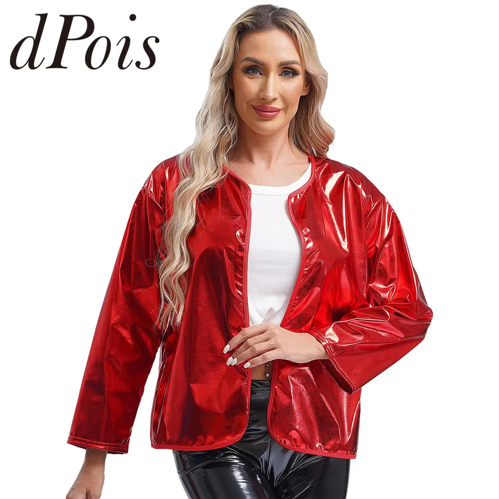 Fashion Womens Metallic Coats Shiny Clubwear Open Front Cardigan Jackets Dancing Rave Streetwear Music Carnivals Party Costume