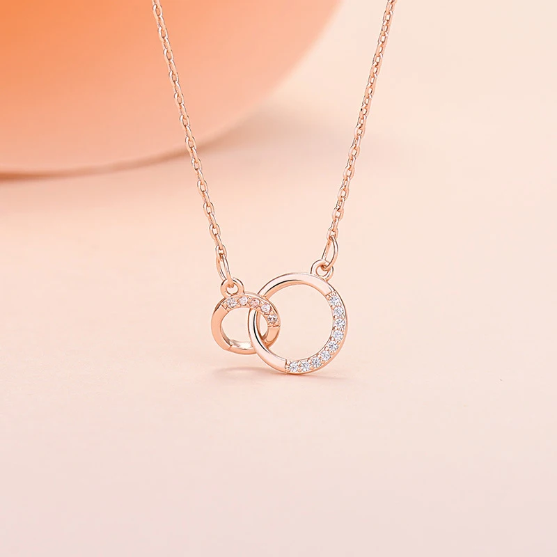 New Fashion 925 Sterling Silver Double Round Pendant Neckalce Rose Gold Semi Circle Rhinestone Clavicle Chain Women Jewelry Gift