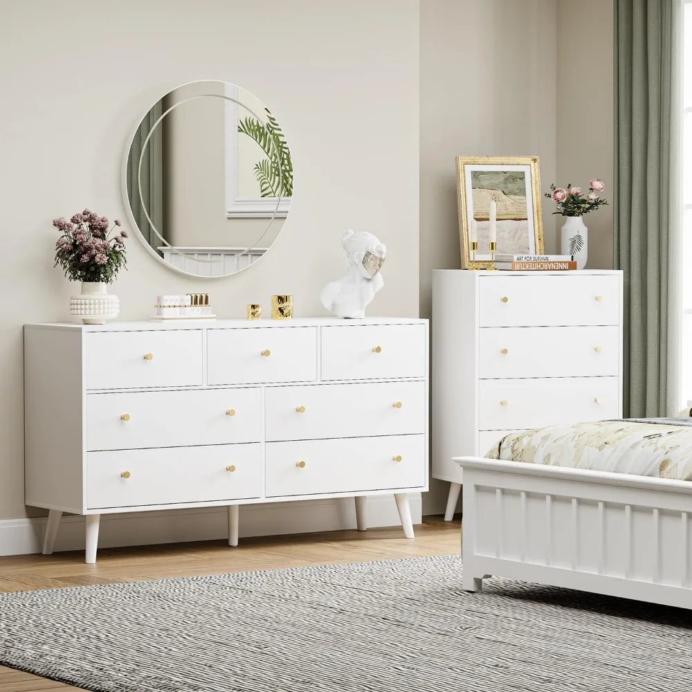 2 PCS Dresser Set for Bedroom Set - Include One Modern with 7 Drawers,One Kids  with 4 Drawers, White Dressers