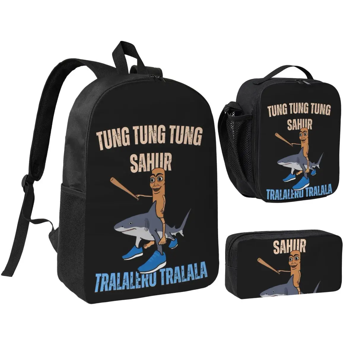 

3pecs/set Tung Tung X Tralalero Tralala Рюкзак для студентов Итальянский Brainrot Meme Сумка на плечо Сумка для обеда Пенал